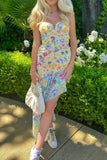 KATCH ME Multi-colored V Neck Floral Print Ruched Ruffle Hem Dress Dress 