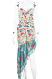 KATCH ME Multi-colored V Neck Floral Print Ruched Ruffle Hem Dress Dress 