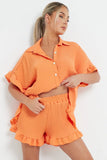 KATCH ME Orange Button Flounce Short Sleeve Top & Elasticated Shorts Co-ord Co-ord 28.99