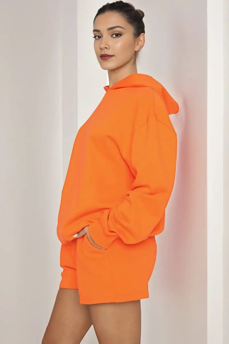 KATCH ME Orange Casual Stretch Hoodie & Drawstring Shorts Co-ord Co-ord 