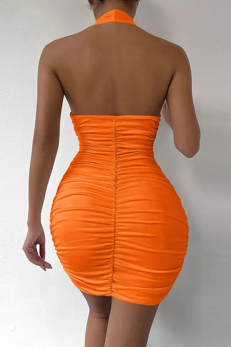 KATCH ME Orange Halter Neck Backless Ruched Bodycon Dress Dress 