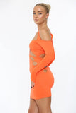 KATCH ME Orange Off Shoulder Cutout Pleated Long Sleeve Mini Dress Dress 25.99
