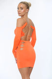 KATCH ME Orange Off Shoulder Cutout Pleated Long Sleeve Mini Dress Dress 25.99