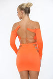 KATCH ME Orange Off Shoulder Cutout Pleated Long Sleeve Mini Dress Dress 25.99