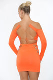 KATCH ME Orange Off Shoulder Cutout Pleated Long Sleeve Mini Dress Dress 25.99