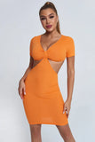 KATCH ME Orange V Neck Pleated Cut Out Bodycon Dress Dress 16.99