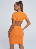 KATCH ME Orange V Neck Pleated Cut Out Bodycon Dress Dress 15.99