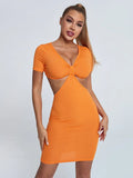 KATCH ME Orange V Neck Pleated Cut Out Bodycon Dress Dress 15.99
