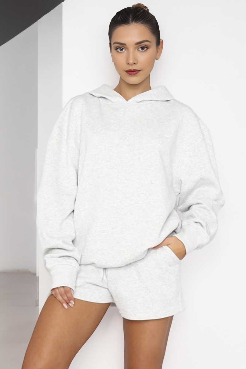 KATCH ME Pale Grey Casual Stretch Hoodie & Drawstring Shorts Co-ord Co-ord 35.99