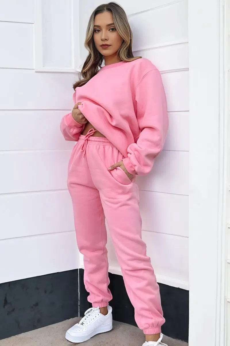KATCH ME Peach Round Neck Ribbed Sweatshirt & Elasticated Pants Co-ord Co-ord 