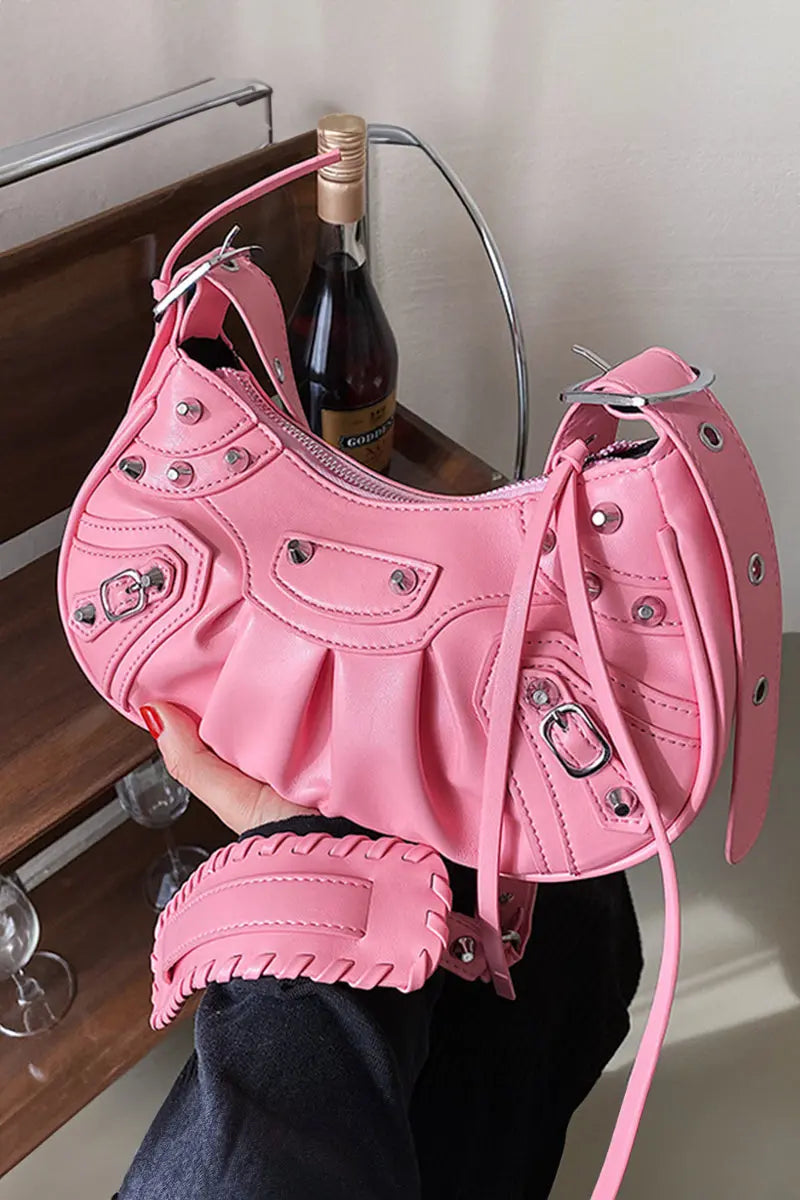 KATCH ME Pink PU Cago City Rivet Buckle Adjustable Ruched Shoulder Bag