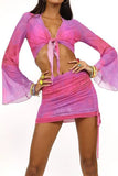 KATCH ME Pink Tie-dye Mesh Front Tie Crop Top & Skirt Co-ord Co-ord 