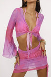 KATCH ME Pink Tie-dye Mesh Front Tie Crop Top & Skirt Co-ord Co-ord 