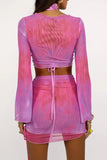 KATCH ME Pink Tie-dye Mesh Front Tie Crop Top & Skirt Co-ord Co-ord 