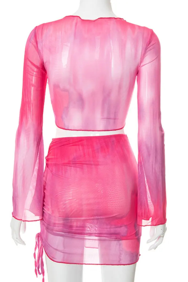 KATCH ME Pink Tie-dye Mesh Front Tie Crop Top & Skirt Co-ord Co-ord 