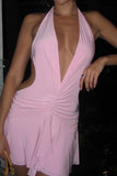 KATCH ME Pink V Neck Halter Side Cutout Ruched Mini Dress Dress 