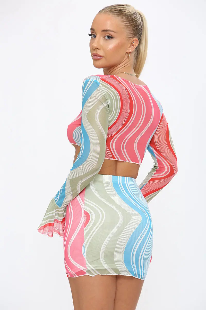 KATCH ME Pink Wave Stripe Print Flare Cuff Top & Mini Skirt Co-ord  23.99