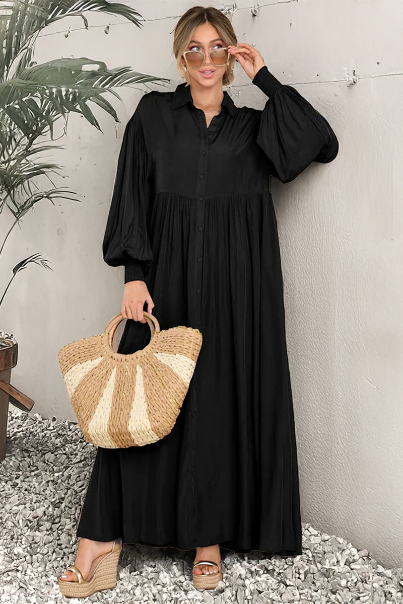 Katchme Plain Lapel Balloon Sleeve Button Up Pleated Maxi Dress - KATCH ME UK-Jumpsuit