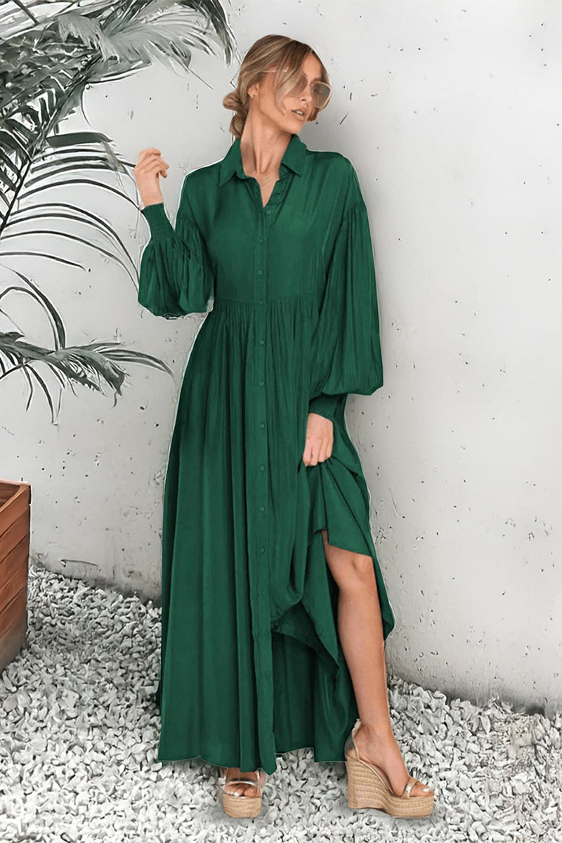 Katchme Plain Lapel Balloon Sleeve Button Up Pleated Maxi Dress - KATCH ME UK-Jumpsuit