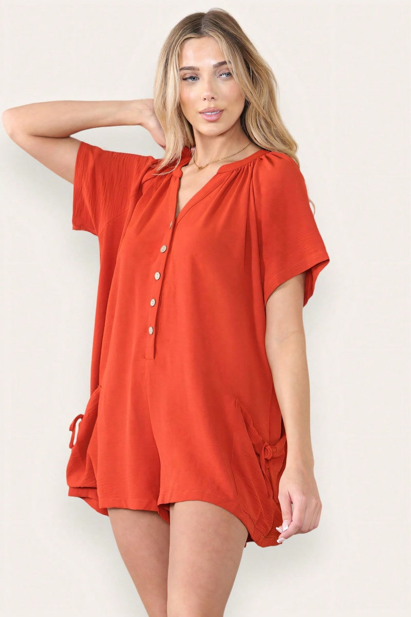 Katchme Plain V Neck Button-Up Drawstring Short Sleeve Side Pocket Playsuit - KATCH ME UK-Dress