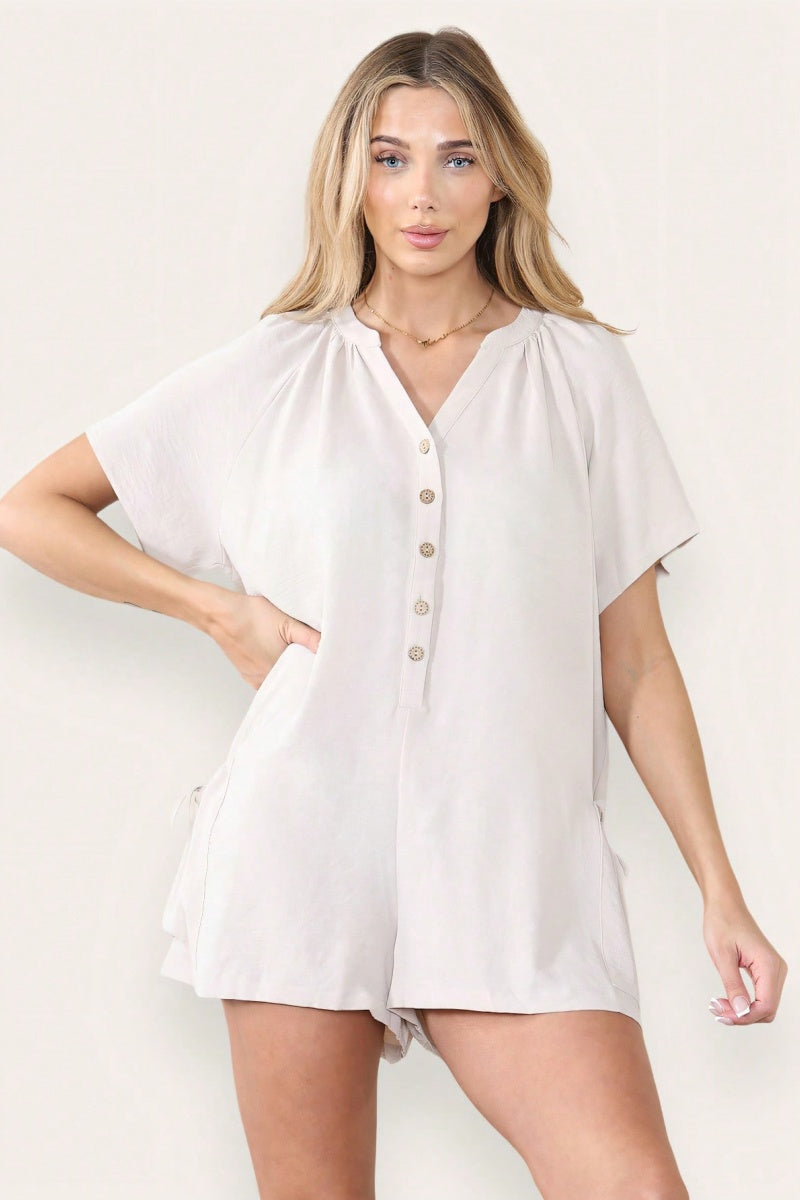 Katchme Plain V Neck Button-Up Drawstring Short Sleeve Side Pocket Playsuit - KATCH ME UK-Dress
