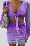 KATCH ME Purple Tie-dye Mesh Front Tie Crop Top & Skirt Co-ord Co-ord 