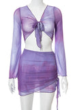KATCH ME Purple Tie-dye Mesh Front Tie Crop Top & Skirt Co-ord Co-ord 