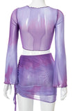 KATCH ME Purple Tie-dye Mesh Front Tie Crop Top & Skirt Co-ord Co-ord 