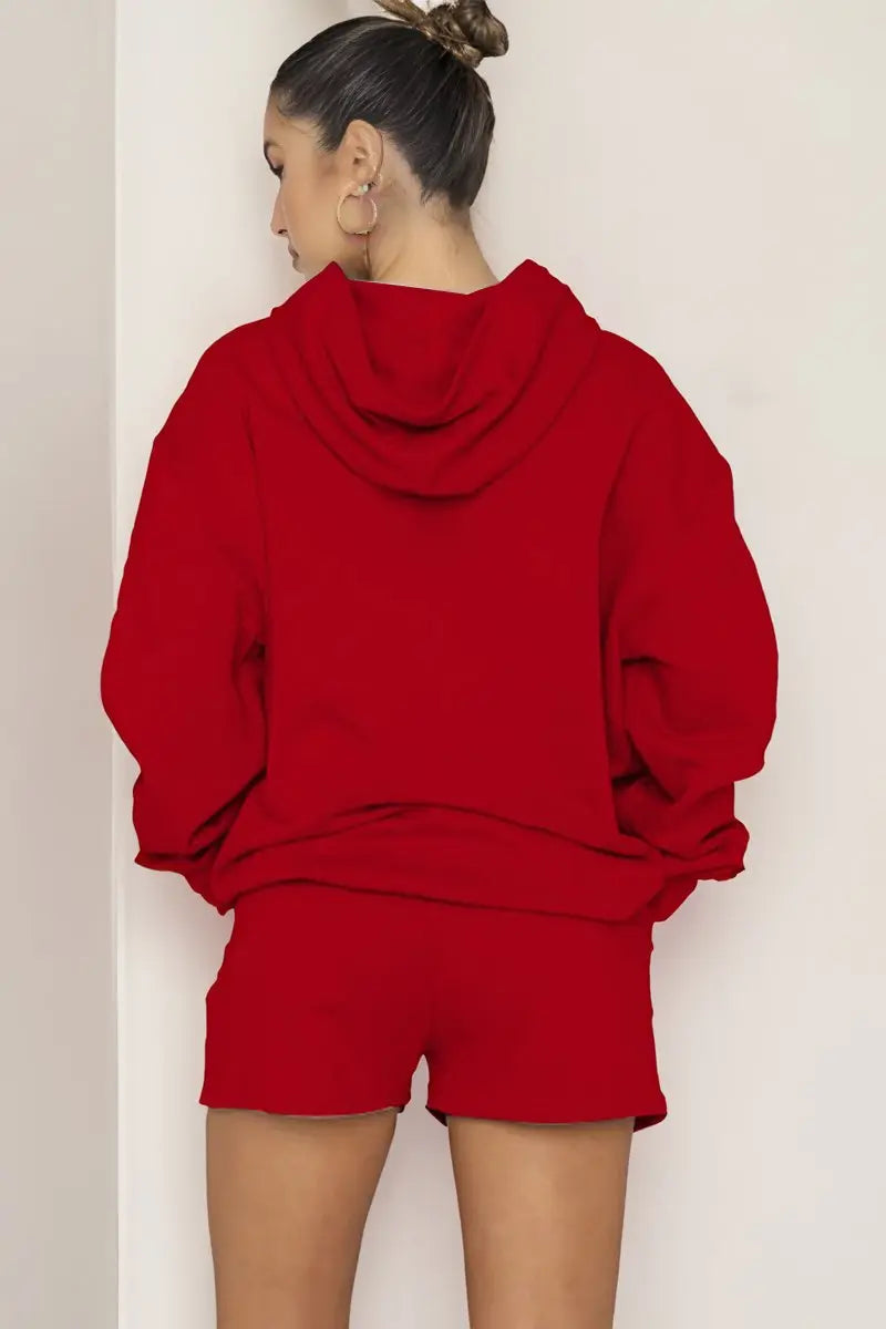 KATCH ME Red Casual Stretch Hoodie & Drawstring Shorts Co-ord Co-ord 