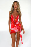 Red Floral Print Front Net Decor Ruffle Tie Dress