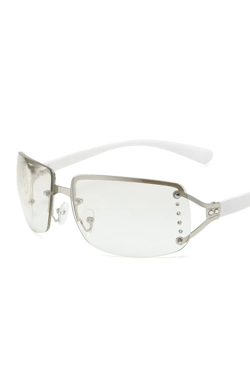 KATCH ME Silver Frame White Lens Side Rhinestones Decor Sun Glasses Accessories 