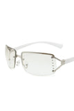 Silver Frame White Lens Side Rhinestones Decor Sun Glasses