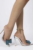 KATCH ME Silver Pointed Green Diamante Bowknot High Stiletto Heels Shoes 