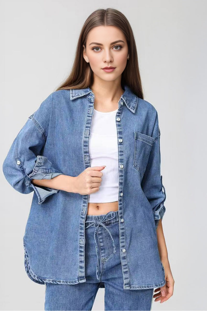 Katchme Soft Denim Lapel Oversized Button Long Sleeve Jacket - KATCH ME UK-Denim