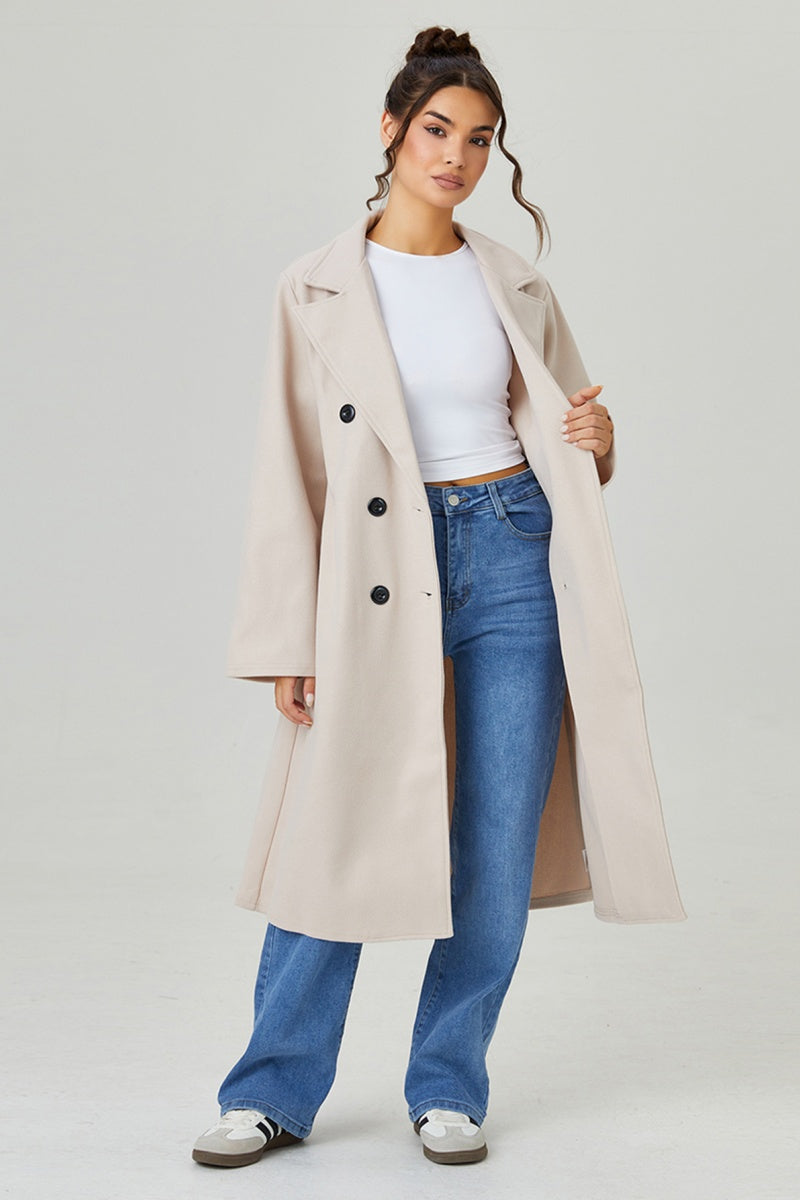 Katchme Soft Lined Solid Color Double Breasted Belted Pea Coat - KATCH ME UK-Coat