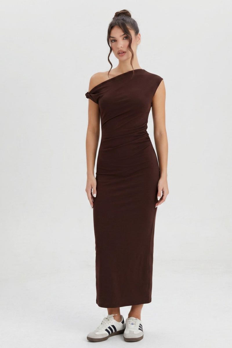 Katchme Soft Skin-Friendly Solid Color One Shoulder Ruched Midi Dress - KATCH ME UK-Dress