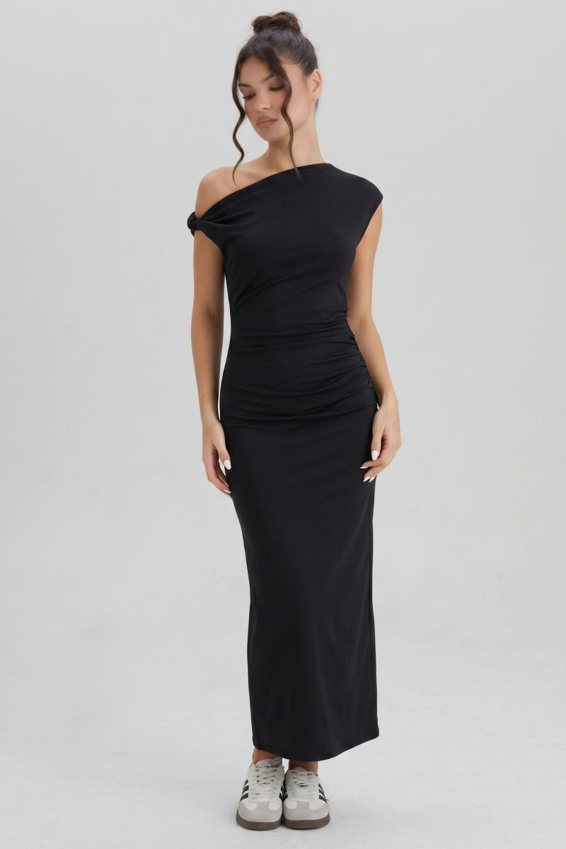 Katchme Soft Skin-Friendly Solid Color One Shoulder Ruched Midi Dress - KATCH ME UK-Dress
