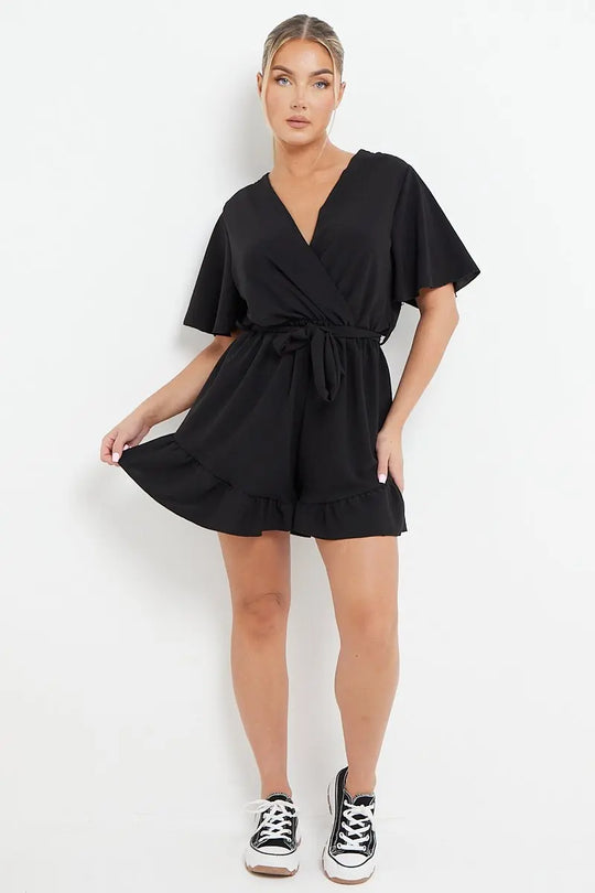 Minimalist Solid V Neck Short Sleeve Tie-Up Playsuit