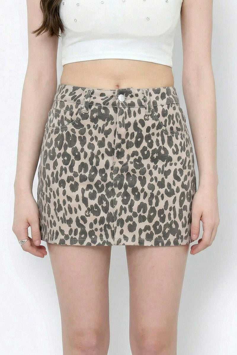 Katchme Stretch Durable Denim Leopard Print Mid-Rise A-Line Mini Skirt - KATCH ME UK-Denim