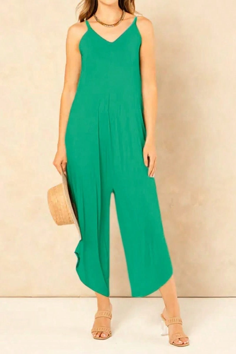 Katchme Stretchy Plain Thin Strap Low Neckline Wide Leg Jumpsuit - KATCH ME UK-Jumpsuit