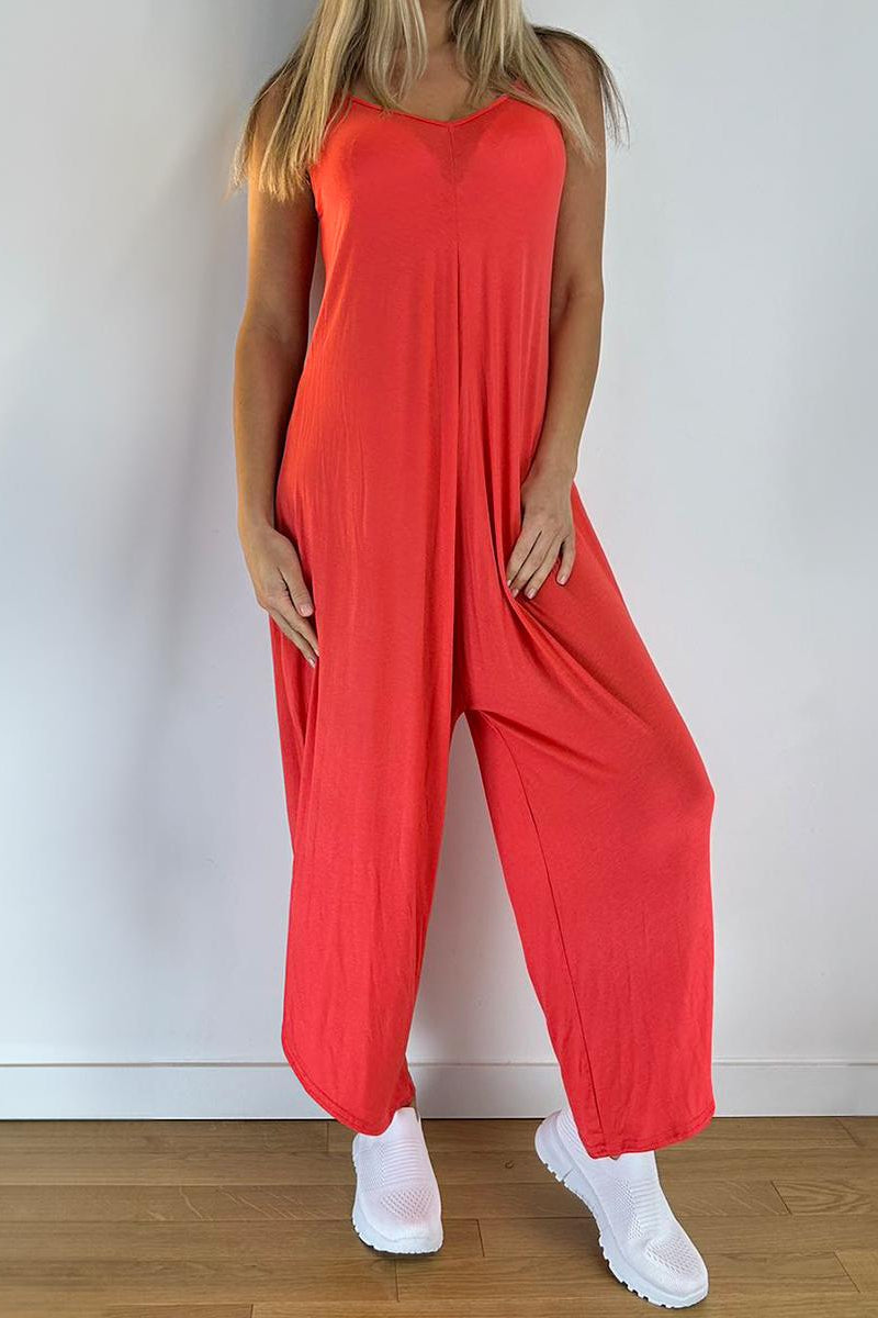 Katchme Stretchy Plain Thin Strap Low Neckline Wide Leg Jumpsuit - KATCH ME UK-Jumpsuit