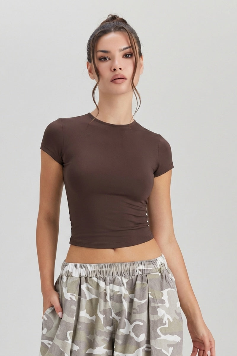 Katchme Stretchy Quick Drying Solid Color Round Neck Slim Yoga Top - KATCH ME UK-Tops