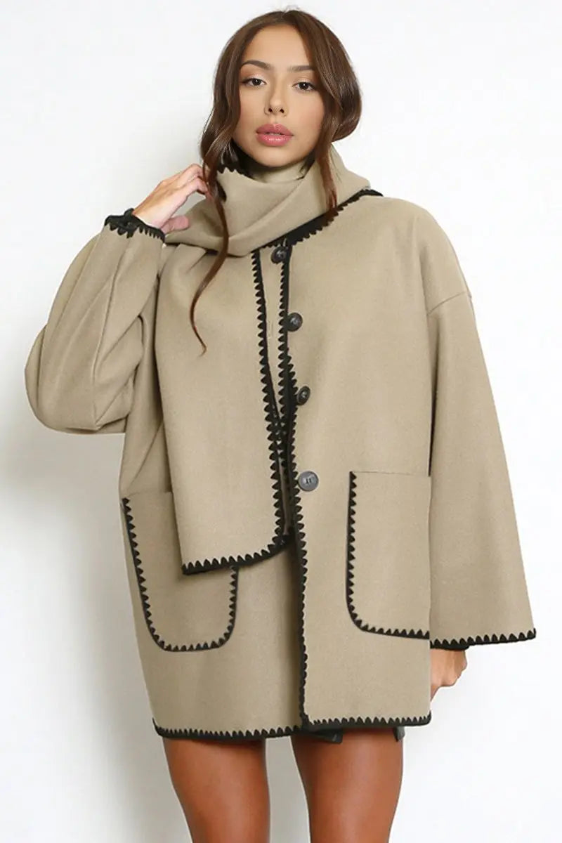 KATCH ME Taupe Fall & Winter Unique Versatile Contrast Trim Button Up Coat With Scarf Coat