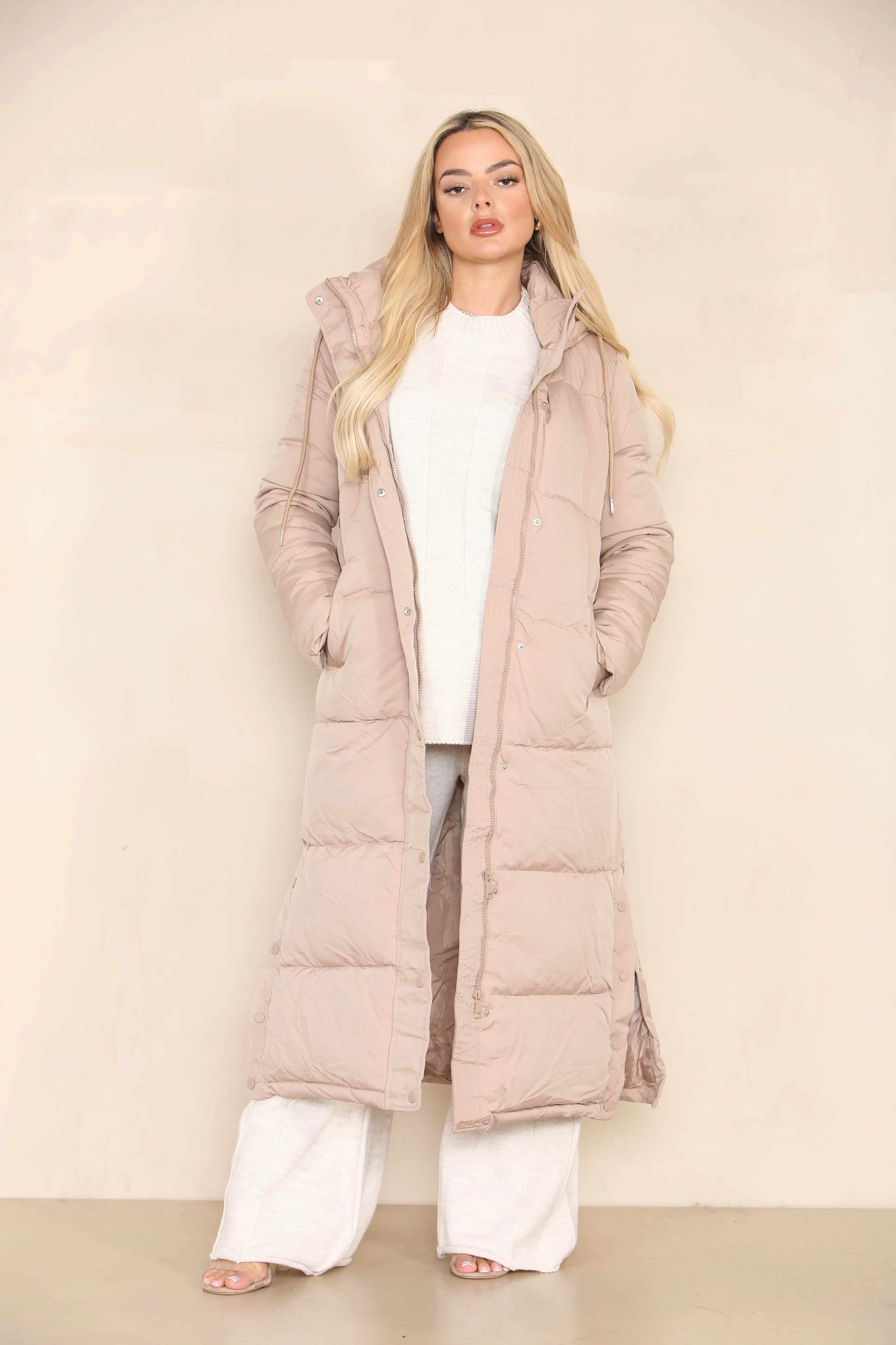 KATCH ME Taupe Winter Chic Side Slit Hooded Zip-Up Thermal Cotton Coat Coat