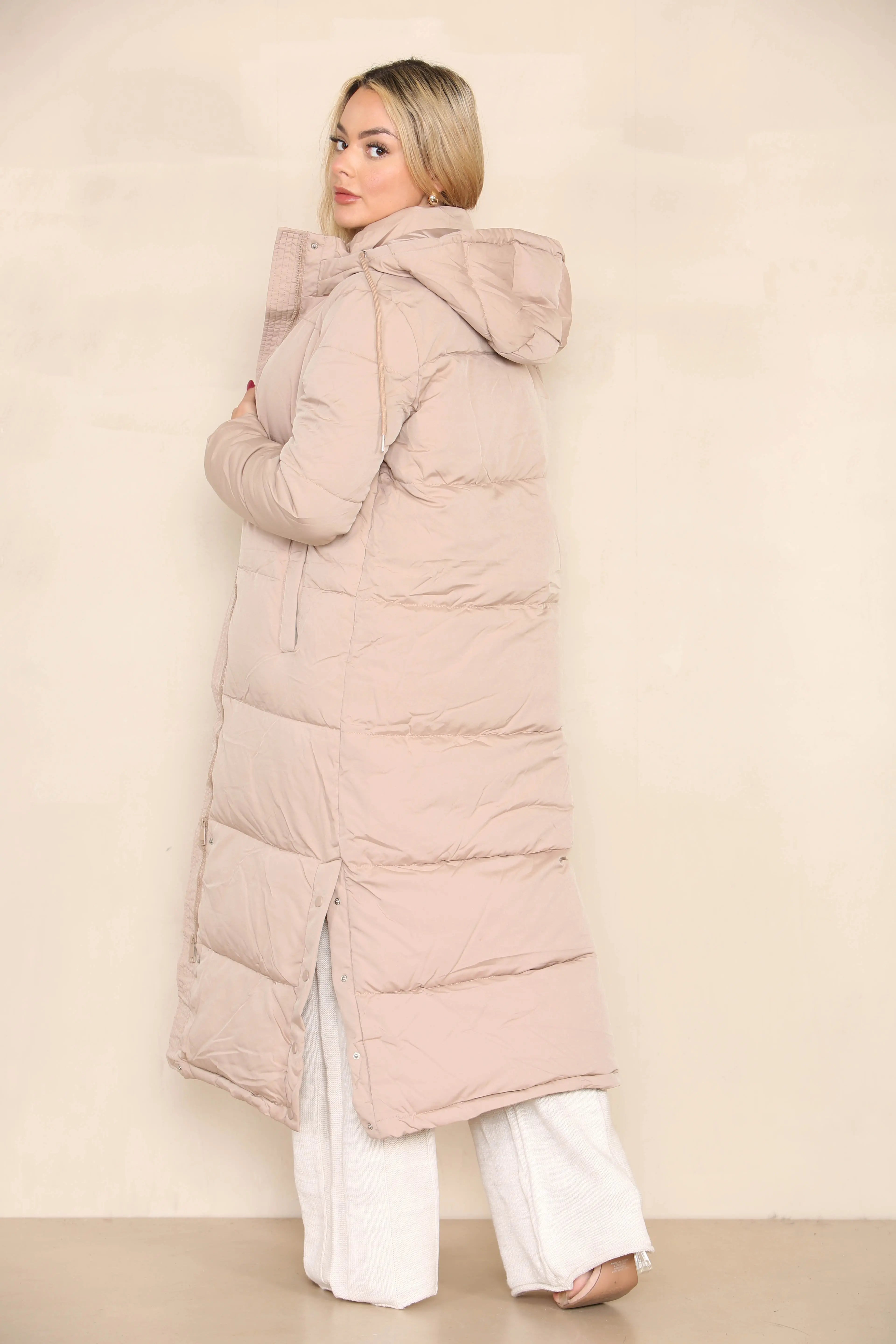 KATCH ME Taupe Winter Chic Side Slit Hooded Zip-Up Thermal Cotton Coat Coat