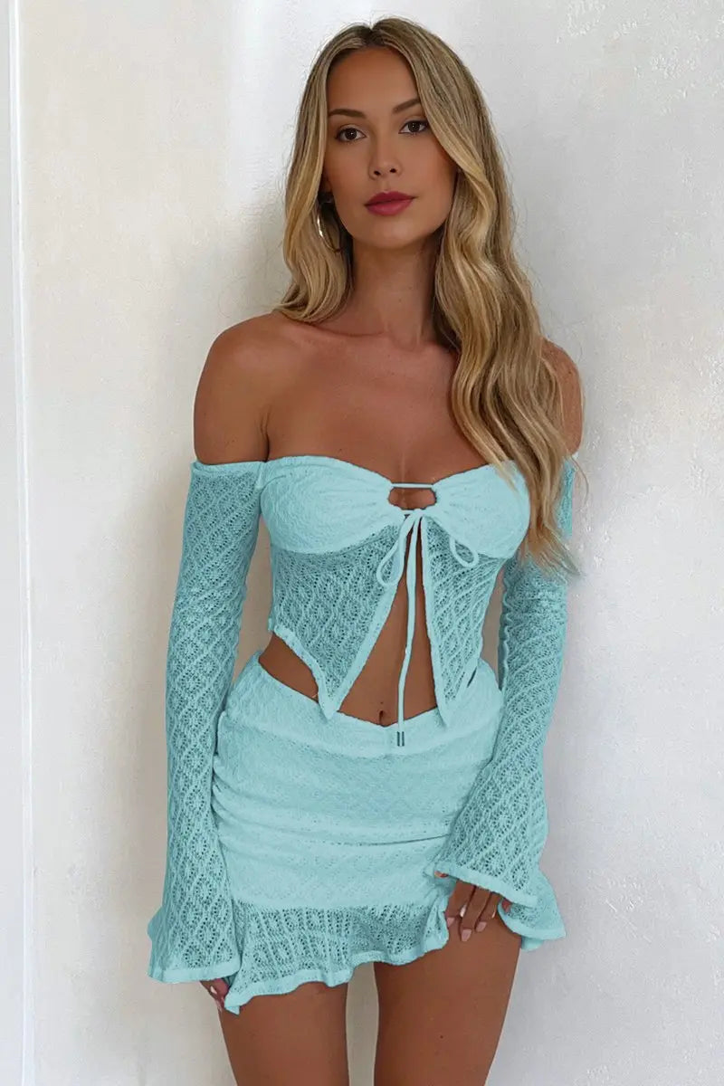 KATCH ME Turquoise Off The Shoulder Crop Top & Mini Skirt Co-ord Co-ord 