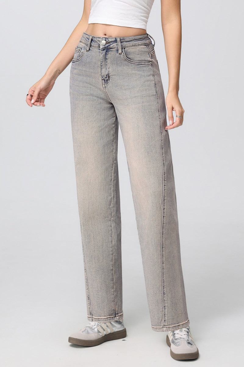 Katchme Washed Denim Mid-Rise Multi-Pocket Straight Leg Loose Jeans - KATCH ME UK-Denim