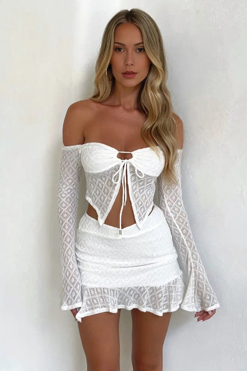KATCH ME White Off Shouder Textured Front Tie Cutout Top& Irregular Skirt Co-ord Co-ord 