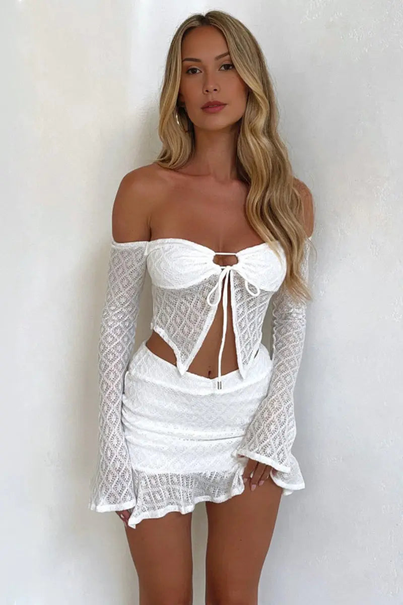 KATCH ME White Off Shouder Textured Front Tie Cutout Top& Irregular Skirt Co-ord Co-ord 