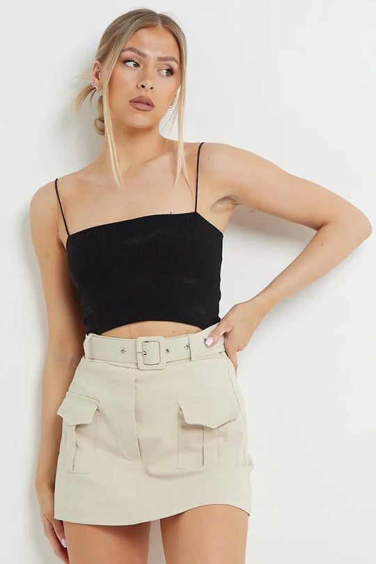 Minimalist High Waist Flap Pocket Belt Decor Skort